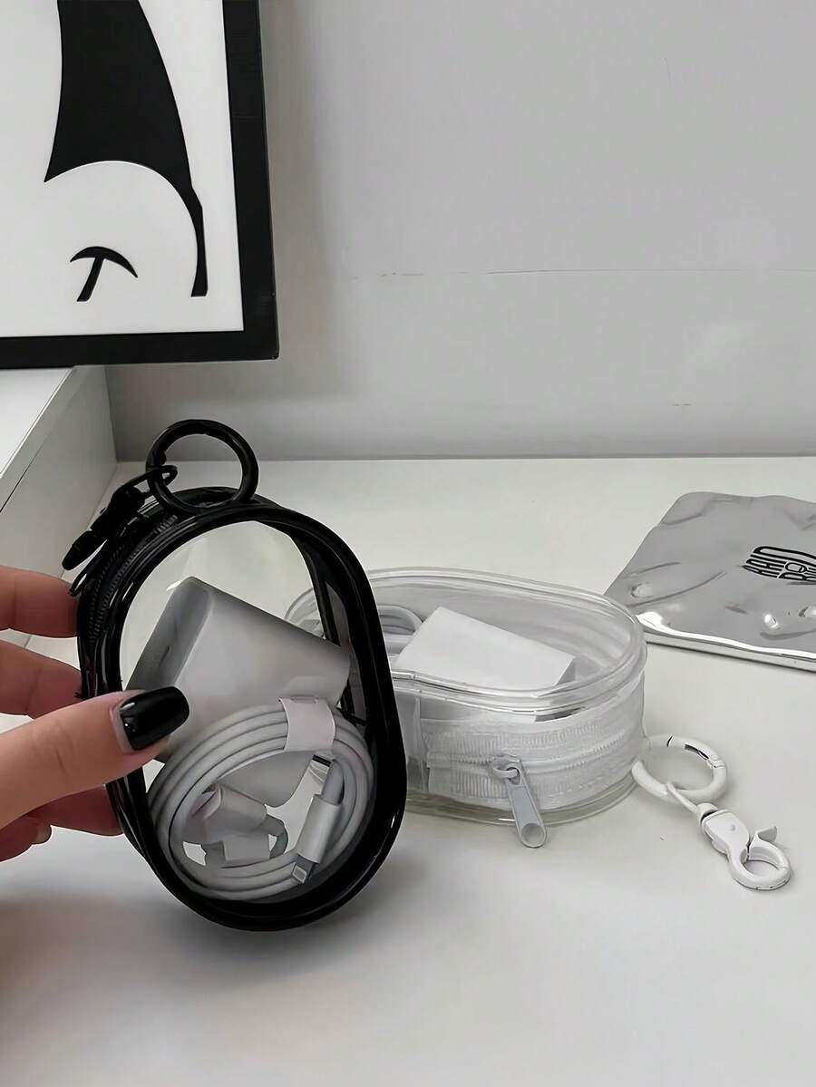 1pc Black And White High Breathable Pouch Function Keychain, Waterproof And Dustproof, Transparent Display Bag Charm Keychain For Charger, Doll - Multicolor - View 1