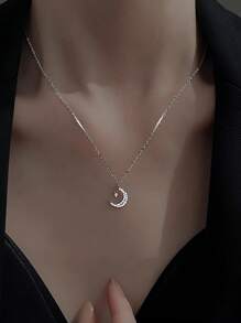 BALMORA 1件S925纯银优雅可爱星月吊坠项链，女士时尚锁骨链，适合派对、日常佩戴、礼品 - 銀色 - 查看 6