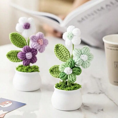 1pc Chic Knitted Crochet Plant With Artificial Flowers - Crochet Flowers Crochet Flower Bouquet For Home And Holiday Decor Best Gifts Birthday Graduation