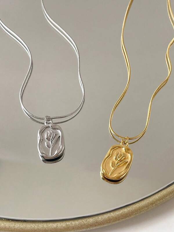 Aomogo 1pc Stainless Steel Women's Carved Flower Asymmetrical Pendant Gold Plated Necklace, Fashionable Sophisticated Minimalist Necklace For Daily Wear Valentines,Mom,Mother,Mother's Day,Gift