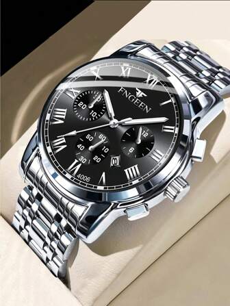 FNGEEN 1只男士不鏽鋼豪華按鈕隱藏扣防水日期運動手錶，品牌原創豪華防水發光石英手錶，中空設計，24小時日夜顯示，新款男士時鐘