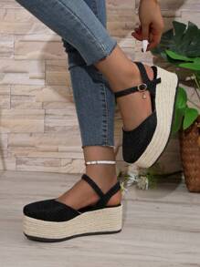 Sapatos de Salto Alto Femininos, Bico Redondo, Plataforma Vazada, À Prova d'Água, Sapatos Casuais para Uso Externo, Sola de Corda, Salto Alto 35-43, Sandálias de Cunha de Bottom Grosso com Tira Única para Primavera/Outono