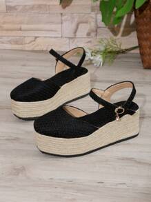 Sapatos de Salto Alto Femininos, Bico Redondo, Plataforma Vazada, À Prova d'Água, Sapatos Casuais para Uso Externo, Sola de Corda, Salto Alto 35-43, Sandálias de Cunha de Bottom Grosso com Tira Única para Primavera/Outono