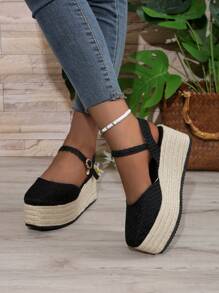 Sapatos de Salto Alto Femininos, Bico Redondo, Plataforma Vazada, À Prova d'Água, Sapatos Casuais para Uso Externo, Sola de Corda, Salto Alto 35-43, Sandálias de Cunha de Bottom Grosso com Tira Única para Primavera/Outono