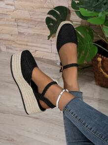 Sapatos de Salto Alto Femininos, Bico Redondo, Plataforma Vazada, À Prova d'Água, Sapatos Casuais para Uso Externo, Sola de Corda, Salto Alto 35-43, Sandálias de Cunha de Bottom Grosso com Tira Única para Primavera/Outono