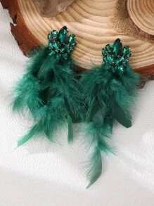 NAIZHU 1 Pair Stylish Luxury Sexy Exaggerated Feather & Rhinestone Earrings, Fashion Party Accessories, Random Feather Design