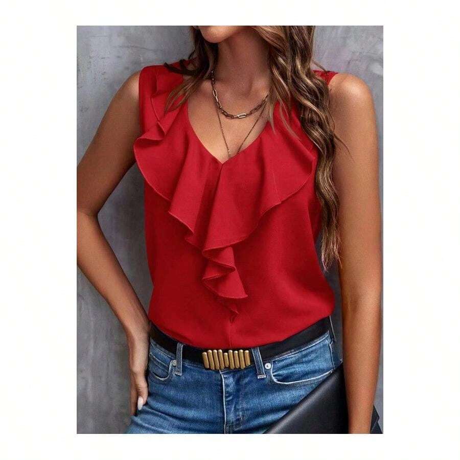 V-Neck Ruffle Trip Top - Red - View 1