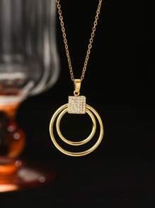 4 Stücke/Set Edelstahlschmuck in Goldoptik mit 18 Karat Vergoldung, einschließlich Halskette mit kubischem Zirkonia in runden und geometrischen Formen, Ohrringen und Ring. Elegant, luxuriös, vintage, koreanischer Stil, modisch, vielseitig, geeignet zum Verschenken, täglich tragen, auf der Straße, bei der Arbeit, für Partys, Feiern, Festivals usw. für Frauen. - Goldgelb - Übersicht 2
