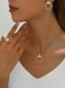 4 Stücke/Set Edelstahlschmuck in Goldoptik mit 18 Karat Vergoldung, einschließlich Halskette mit kubischem Zirkonia in runden und geometrischen Formen, Ohrringen und Ring. Elegant, luxuriös, vintage, koreanischer Stil, modisch, vielseitig, geeignet zum Verschenken, täglich tragen, auf der Straße, bei der Arbeit, für Partys, Feiern, Festivals usw. für Frauen. - Goldgelb - Übersicht 5
