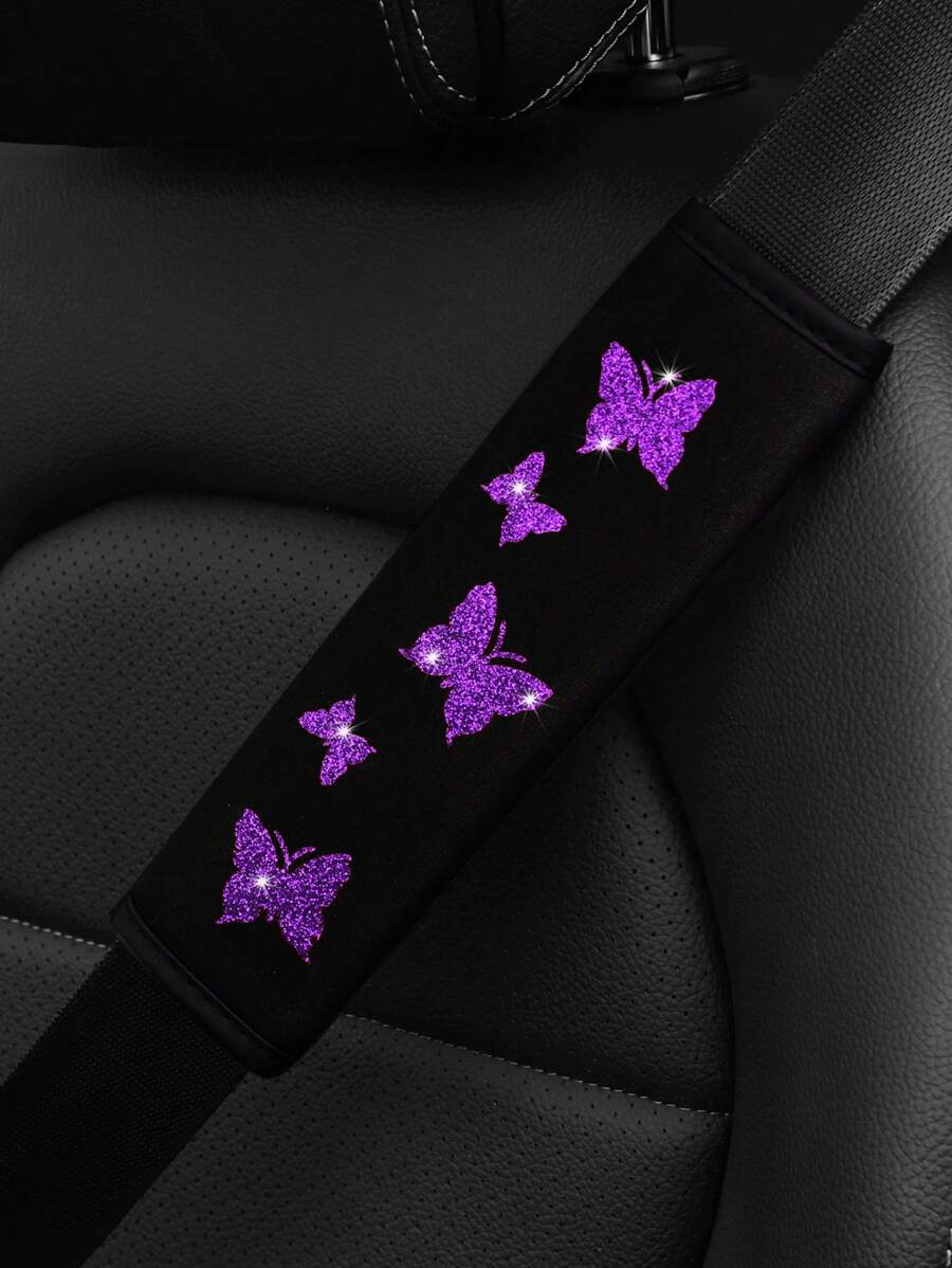 1 miếng đệm vai dây an toàn ô tô bằng vải lấp lánh hình bướm màu tím, xanh lá cây, xám đậm, thoải mái, giảm áp lực, chống ma sát, phụ kiện ô tô dành cho nữ, màu tím. - Một cỡ - Xem 1
