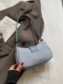 1 chiếc túi đeo vai in hình ngôi sao phối màu thời trang dành cho nữ, dây xích kim loại, túi xách baguette thời trang cho các chuyến đi chơi, hẹn hò, công tác, khóa kéo chống trộm, dây đeo vai có thể tháo rời - Màu xanh lam - Xem 5