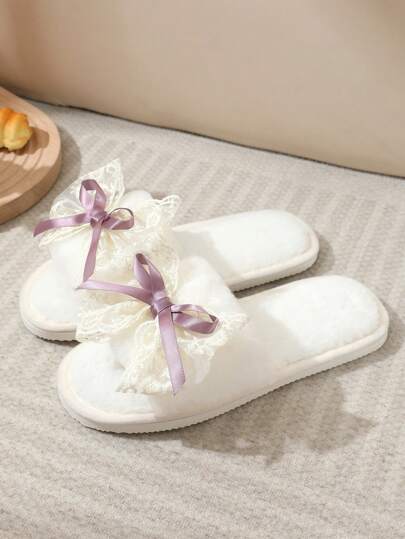 Autumn/Winter Women's Lace Bowknot Slippers, Soft & Warm With Anti-Slip Design For Indoor Use Or As A Couples Gift