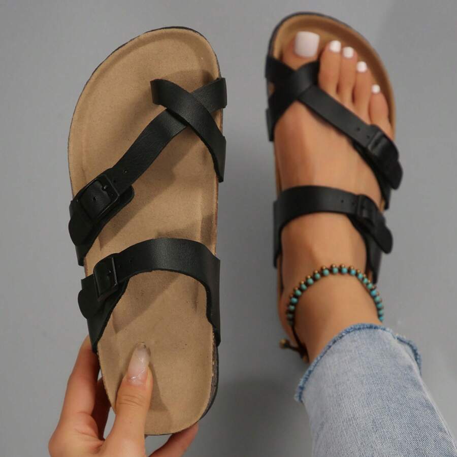 Women's Flat Retro Style Casual Sandals,Toe Ring Cross Strap Cork Sandals,With Adjustable Buckle Summer Sandals - 黑色 - 查看 1