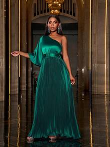 Faeriesty One Shoulder Bell Sleeve Pleated Party Dress - Dark Green - View 5