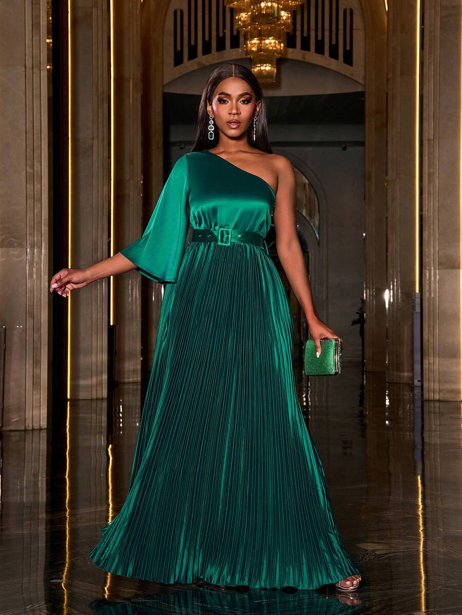 Faeriesty One Shoulder Bell Sleeve Pleated Party Dress - Dark Green - View 1