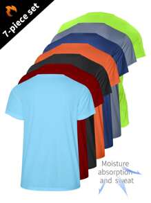 Conjunto de 7 camiseta de esportiva masculina de manga curta leve e de secagem rápida, adequado para corrida, basquete, futebol, fitness e treino na academia, Top casual com decote redondo