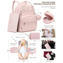 Vegan Leather Diaper Bag Backpack With Changing Pad And Pacifier Holder, Multi-Functional Baby Bag For Boy Girl, Waterproof For Travel, Perfect Baby Shower Gifts For Mom, Dad, Newborn - 粉色 - 查看 4