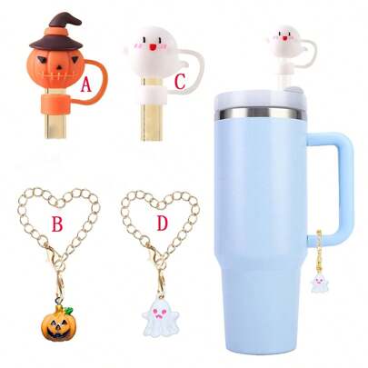 1 Set Of 2pcs 10mm Halloween Pumpkin Ghost Silicone Straw Caps, For Halloween Themed Tumbler Decoration & Pendant, Compatible With 30&40oz YETI Tumblers, Cup Accessory, Halloween Gift Halloween Party