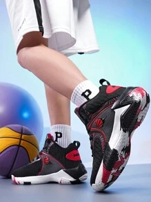 1 paio di scarpe sportive da uomo alla moda con ammortizzazione, scarpe da basket con stampe graffiti - comode, traspiranti, antiscivolo, con assorbimento degli urti, adatte per allenamento, corsa e camminata (motivi mimetici asimmetrici neri sulle suole)