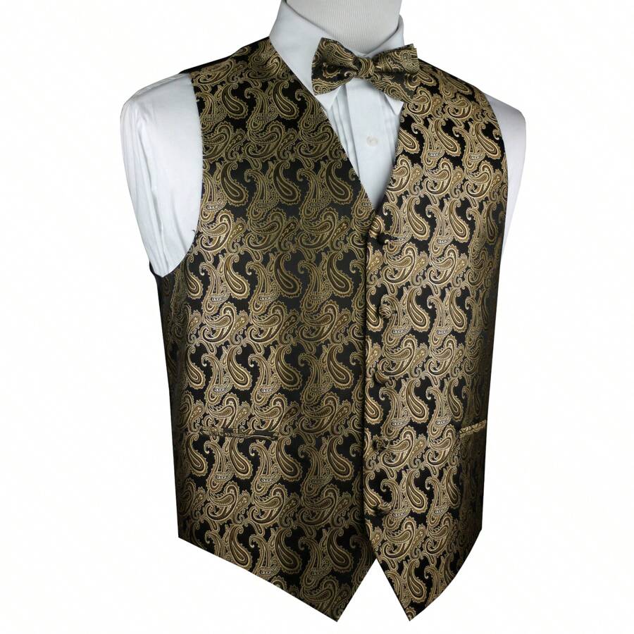Sizes XS To 6XL Men's 3-Piece Tuxedo Vest Set – Jacquard Waistcoat With Paisley Floral Pattern With Bow Tie And Pocket Square For Wedding, Prom, Formal Events - 金色/黑色 - 查看 1