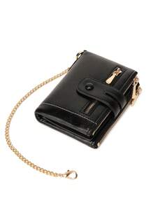 MIYIN Fashion Multifunction Chain Wallets Unisex Bifold Zipper With Card Slot And Removable ID Window And For Credit Card/ ID Card/ / Cash /Coin Lightweight Portable Casual Solid Color Short Wallet With Anti-Theft Chain For Woman And Men Gifts Birthday Gifts(Black) For Women Wallet Purse Wallet Small Wallet