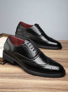 New Men's Height-Increasing British Style Lace-Up Carved Leather Shoes, Business Fashion Pointed Toe Casual Shoes