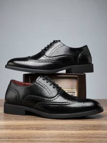 New Men's Height-Increasing British Style Lace-Up Carved Leather Shoes, Business Fashion Pointed Toe Casual Shoes