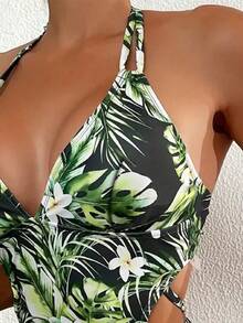 Ladies' Sexy Tropical Print Halter Neck Backless Drawstring Fashionable One-Piece Swimsuit Summer - Green - View 3