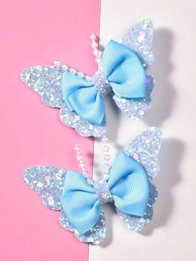 2pcs Small/Medium/Large Pearl & Butterfly Hair Clip For Girls, Cheapest Items Available, Fashionable, Lovely And Sweet Hair Accessories For Daily Dress-Up