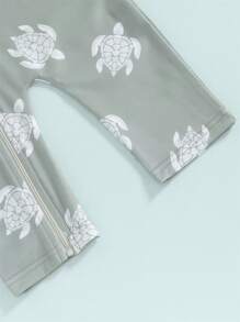 嬰兒男童長袖拉鍊衣防曬泳衣，夏季游泳服 - 綠色 - 查看 7