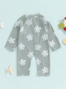 嬰兒男童長袖拉鍊衣防曬泳衣，夏季游泳服 - 綠色 - 查看 2