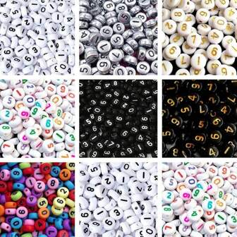 100顆7mmx4mm圓形壓克力珠子,印有0-9數字,混合顏色,diy首飾製作用於手鍊項鍊鑰匙扣