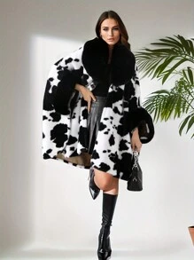 1 Peça Poncho de Outono/Inverno, Tecido de Poliéster, Casaco Folgado Grosso e Longo com Gola Cowl Oversized, Estampa de Vaca, Zebra, Impressão de Pele de Leopardo Falsa