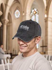 1 pieza Gorra de béisbol con diseño impreso de letras de Jesús, gorra cristiana con diseño lavado, sombrero clásico y elegante unisex adecuado para orar o usar a diario - JESÚS - Ver 4