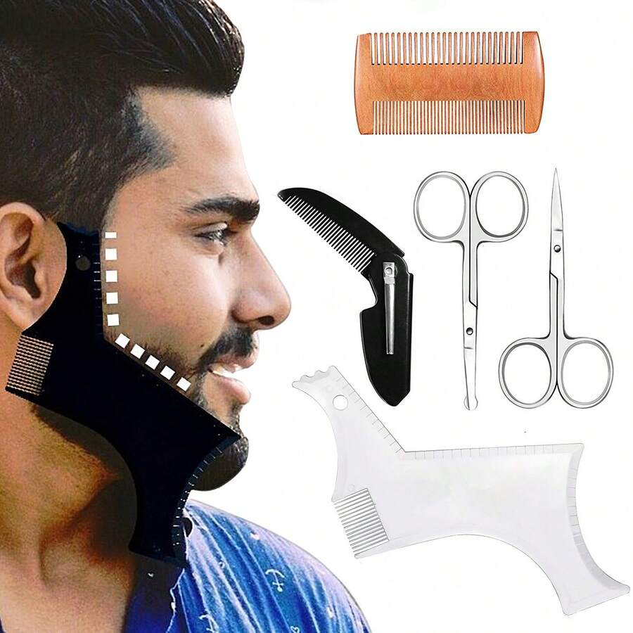 Beard Styling Tools Kit, Men's Beard Care And Trimming Set Including A Wooden Comb, Two Scissors And Folding Comb, Assisting Men To Groom And Shape Their Beards, Transparent Beard Shaping Tool With Outliner And Beard Guide, Set Of 5 - Clear - View 1
