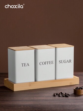 choxila 1入組咖啡收納罐茶點咖啡豆收納罐，竹蓋鐵藝展示方形罐