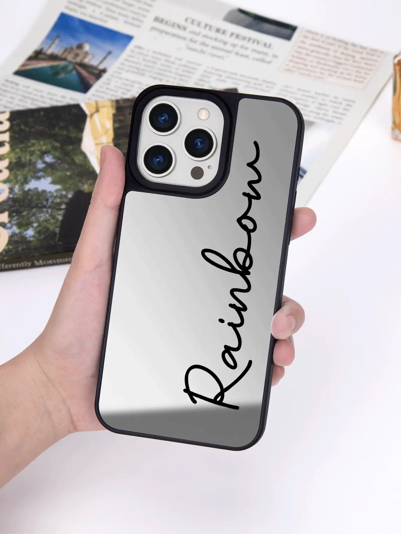 1pc Customized Mirrored Phone Case With Personalized Name, Compatible With IPhone 16 Pro Max / 16 Plus / 16 Pro And S24U Etc.,Customized Phone Cases,Chic Autumn,Stylish,Colorful,Vintage,Cute,Contracted,Funny,Custom,Personalized,Unique,Customized,Ideal Gifts For Him,Ideal Gifts For Her,Boyfriend,Girlfriend,Family,Friends,Grandparents,Couple,For Anniversaries,For Birthdays - Black - View 3