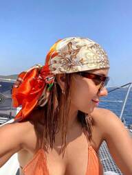 1 pieza Accesorio de playa para mujer Pañuelo de cabeza naranja de verano, Pañuelo de seda cuadrado de satén de 90x90cm a la moda, Pañuelo multiusos para la cabeza, Escuela