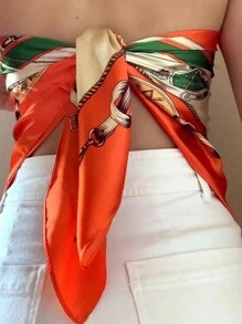 1pc Women Beach Accessories Summer Orange Beach Headscarf Hair Scarf, Fashionable Satin 90x90cm Square Silk Scarf, Multi-Purpose Bandana Top,School - Orange - View 2