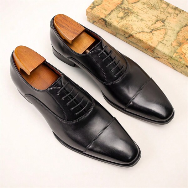 Square Toe Oxfords Dress Shoes For Men, Classic Formal Business Casual Leather Shoes For Wedding, Meeting, Office