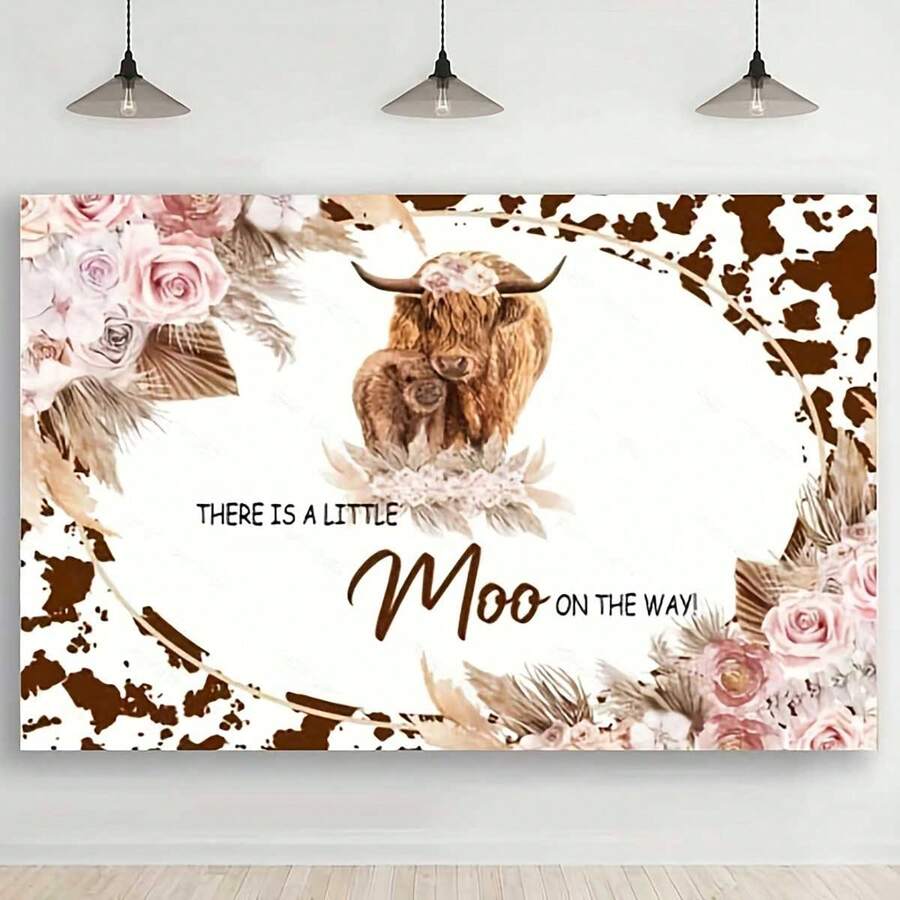 1 Pc There Is A Little Moo On The Way Backdrop Decoration (43.3 X 70.8 Inch) , Brown Calf And Cow Colored Decoration Banner, Shower Party Decoration Gifts, Photography Supplies - 彩色 - 查看 1