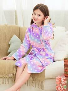 Bata de baño con capucha de manga larga con estampado de puntos en forma de estrella morada y orejas de gato linda para niñas preadolescentes