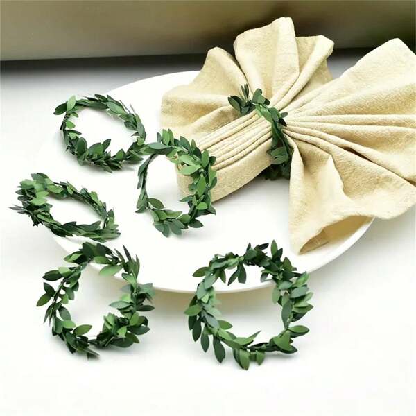 10pcs 6cm PVC Leaves With Metal Wire Ivy Green Leaf Wreath Napkin Rings, Decoration For Birthday, Farm, Wedding, Restaurant, Hotel, Valentine's Day, Party, Buffet Table Decoration, Party Supplies, Home Kitchen Table Decoration