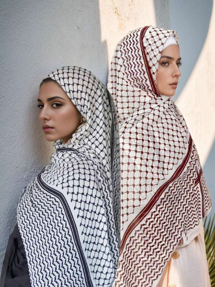 时尚库菲耶头巾雪纺围巾女士伊斯兰穆斯林围巾披肩透气迪拜头巾 - 黑色 - 查看 1