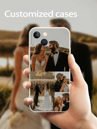 1pc Customized Silicone Phone Case With 4 Personalized Printed Patterns, Fully Enclosed Lens Protection, Compatible With IPhone 15/14/13/12/11 Pro Max Wedding