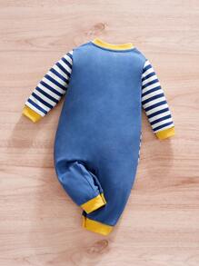 Space Theme Striped Giraffe Print Baby Boys Jumpsuit, Autumn - Navy Blue - View 2