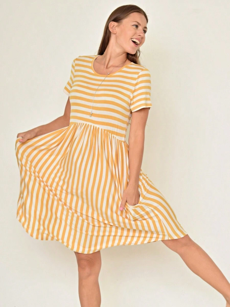 Vintage Boho Summer Fall Mustard Grey Red Blue Black Green Stripe Swing T Shirt Sleeve Southern Dress | Small-3 XL Plus - 芥末黃 - 查看 1