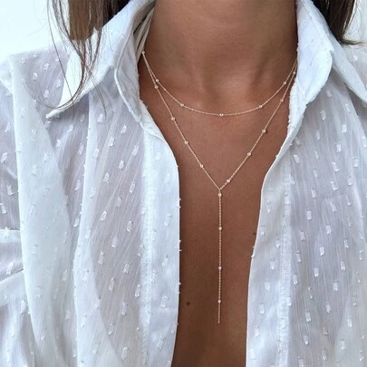 1pc Long Pendant Necklace, Y-Shape Chain With Round Beads, Suitable For Women And Girls Daily Wear (Bead Quantity Varies)