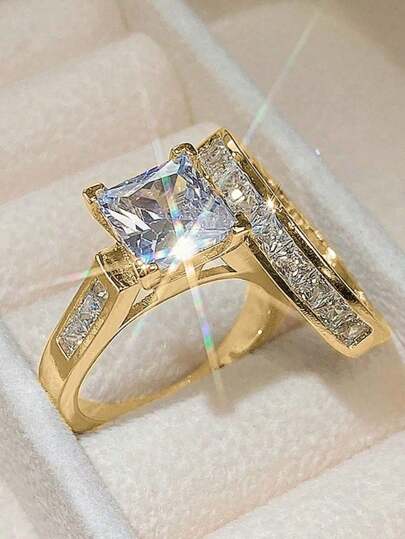 2pcs/Set Fashionable Square Cubic Zirconia Zinc Alloy Rings, Suitable For Women's Daily Wear, Wedding, Engagement, Party Jewelry Gifts