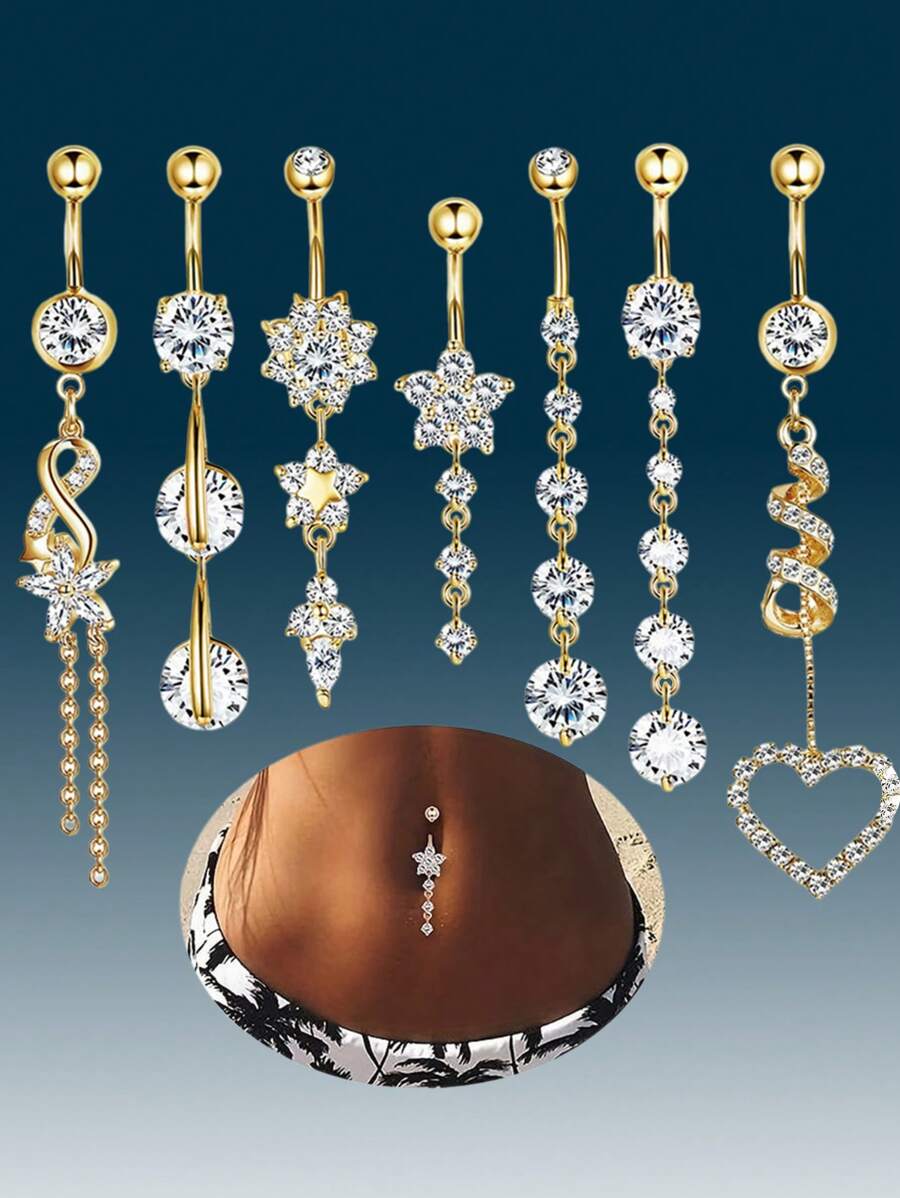 7pcs Set Copper Micro-Inlaid Flower Tassel Navel Rings, 316 Stainless Steel Rhinestone Navel Piercing Jewelry Valentines - Silver - View 1